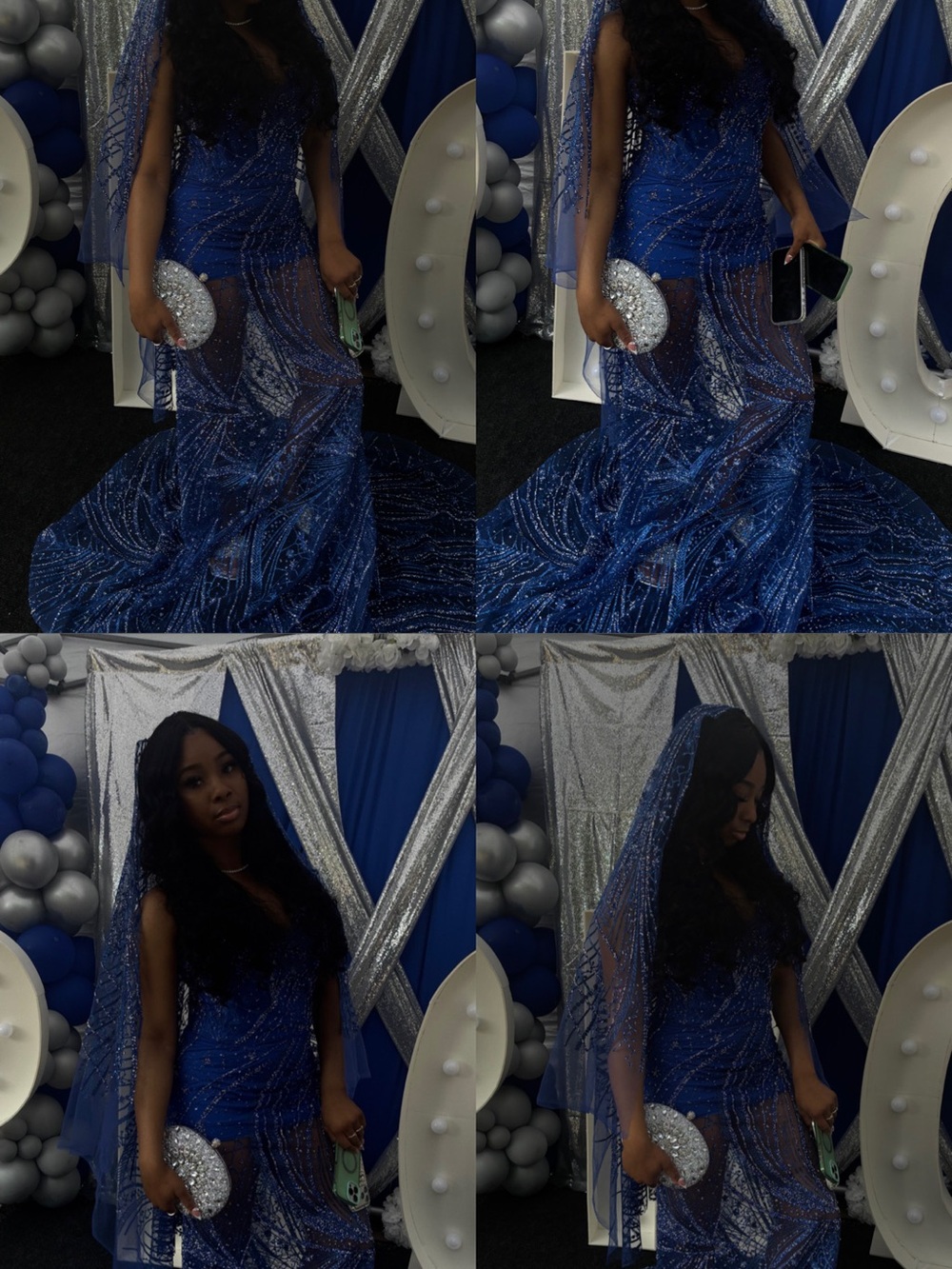 Blue Sequin Prom Dress with Sheer Veil